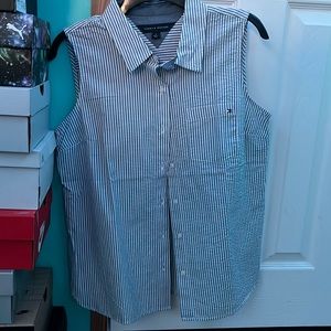 White and gray striped sleeveless button down